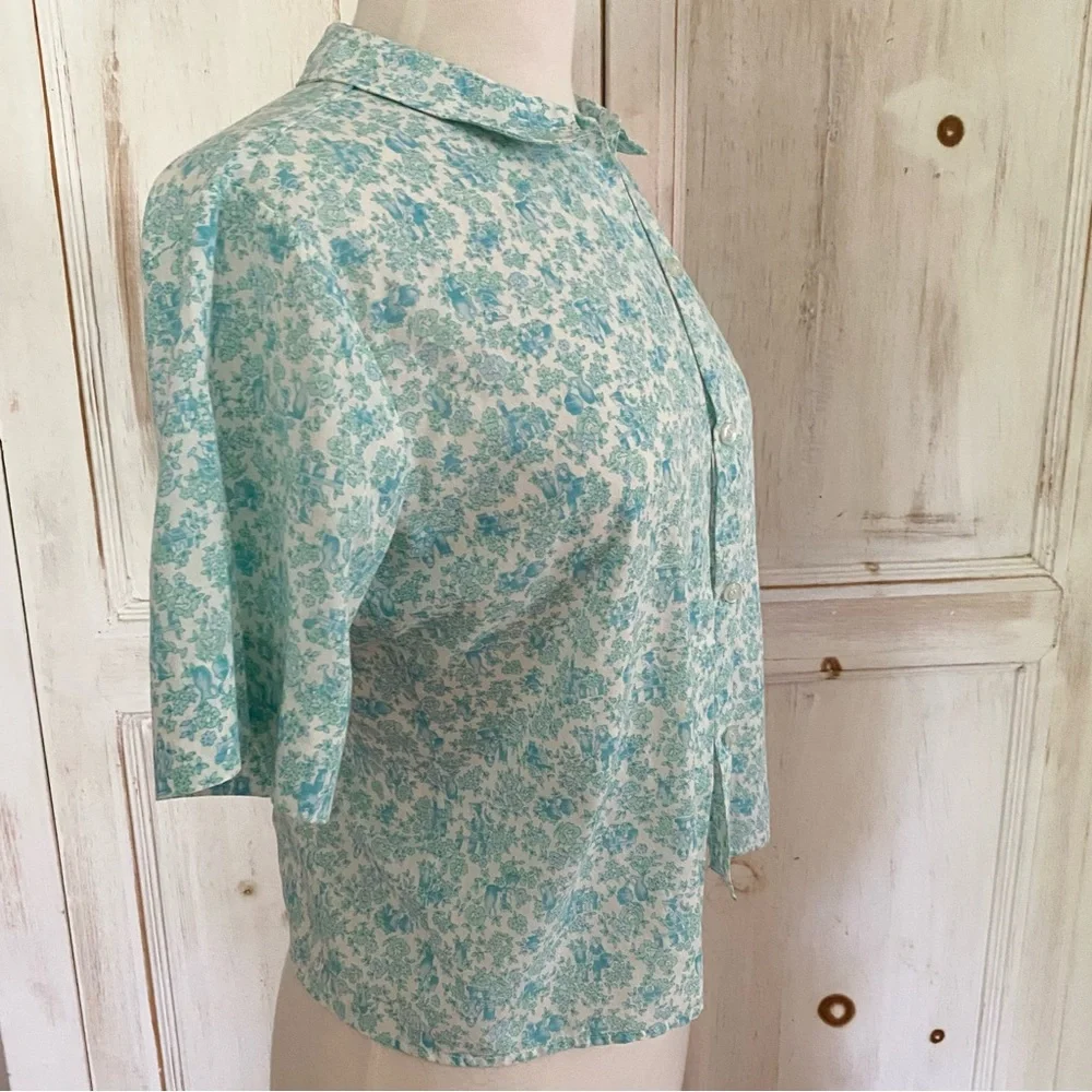 Vintage 1960s Cotton Shirt Short Sleeve Castle Floral Print Hong Kong - Picture 1 of 15